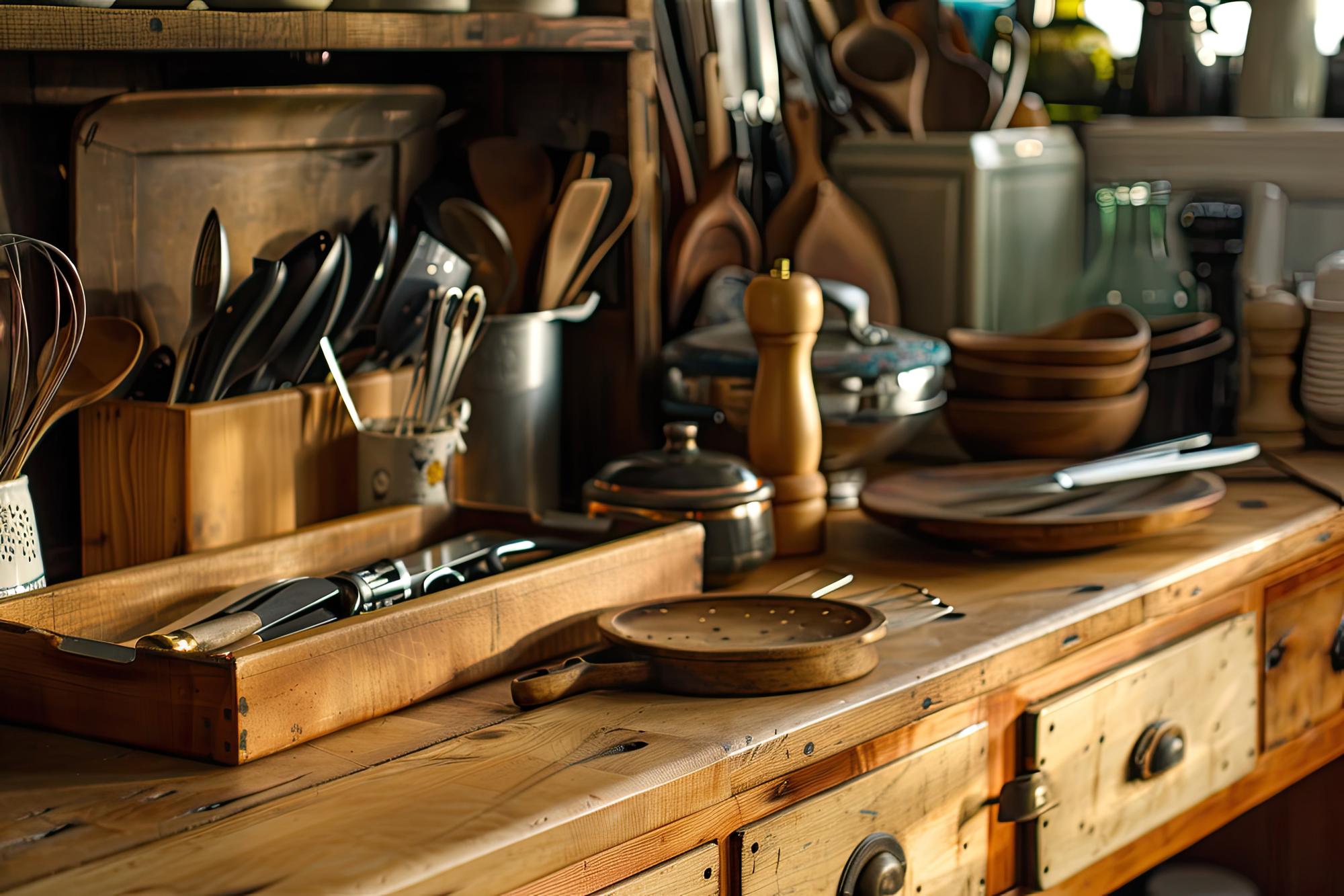 Interno laboratorio culinario con bancone in legno